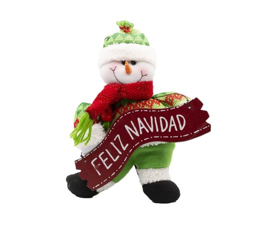 A closeup shot of a smiling snowman toy in a scarf and hat holding a sign with the writing ''Feliz Navidad''