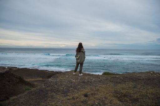 A back view of a female on a sandy beach looking at the sea