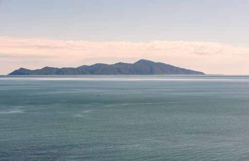 A mesmerizing shot of the ocean on a calm day with the view of  Kapiti Island in Wellington, New Zealand
