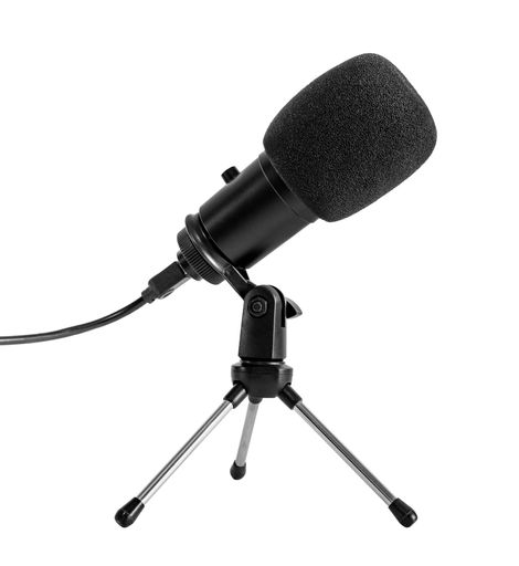 A black professional microphone on a desktop stand on white background