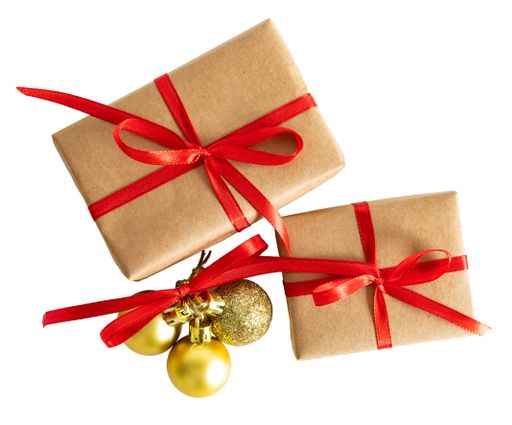 Two wrapped in rustic paper gift boxes with Christmas baubles on white background