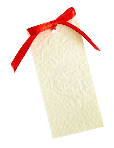 A close-up shot of a Red ribbon bow on the card note for Christmas  isolated on the empty background