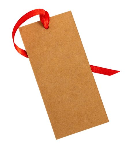 A blank rustic tag with red ribbon isolated on white background