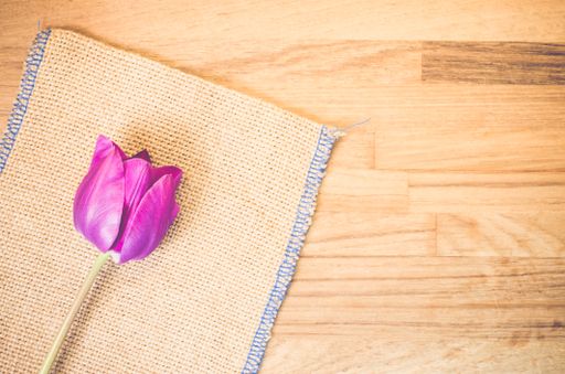 A high angle shot of a purple tulip on a piece of cloth on a wooden surface