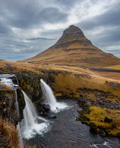 The Kirkjufell mountain on the north coast of Iceland's Snaefellsnes peninsula in a cloudy weather
