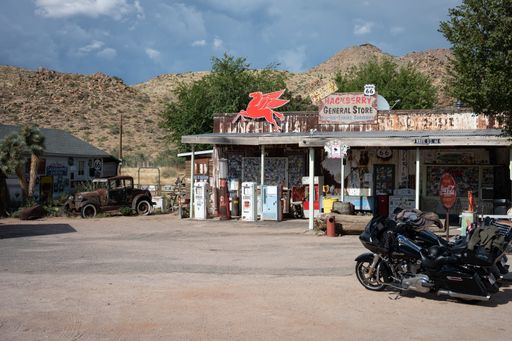 An old gas station and store on the American road passes through route 66