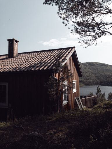 A vertical shot of a lake house in the middle of a forest under the clear sky