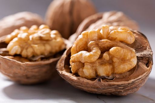 A closeup shot of pealed whole walnuts