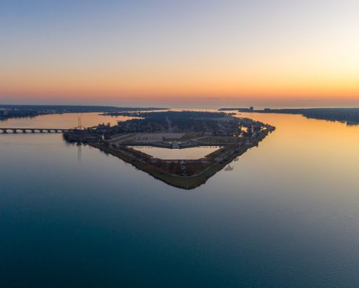 Morning sunrise drone photo of Belle Isle in Detroit, MI