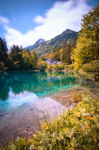 A vertical shot of a crystal clear lake surrounded by mountains covered in greenery under the sunlight