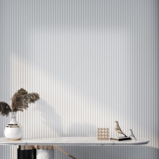 The interior wall with golden light marble console, dried pampas grass and birds on white background