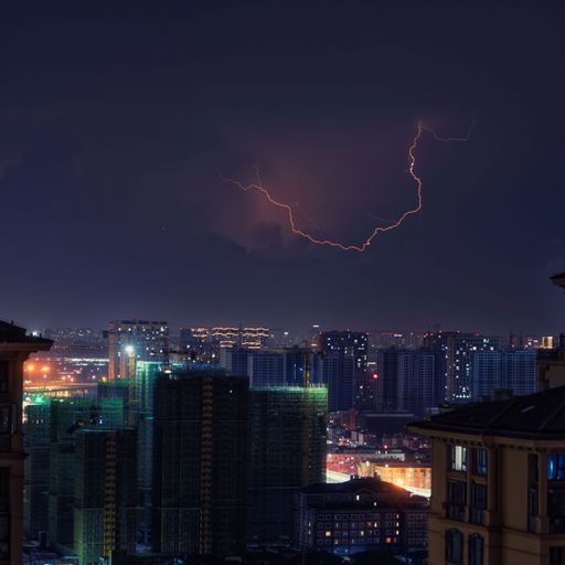 A bright lightning striking in the sky over a modern city during the nighttime