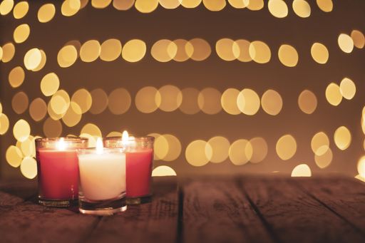 A selective focus shot of Christmas candles on a wooden surface