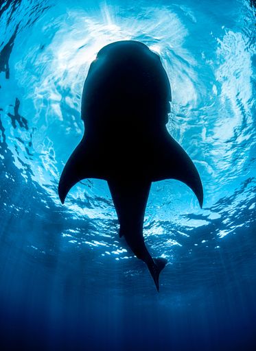 A vertical shot of a whale enjoying the bright sun rays sliding underwater