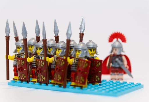 A closeup of a lego of Roman minifigure of centaur army isolated on a white background
