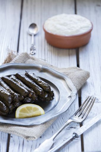 A vertical shot of turkish dolmades