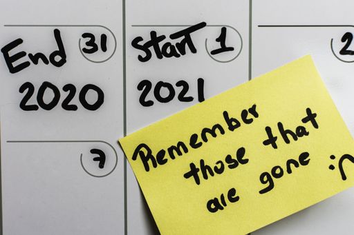 A calendar with 2020-2021 date and new years resolution written on a sticky note -