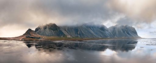 A panoramic shot of clouds over Vestrahorn Mountain in Iceland