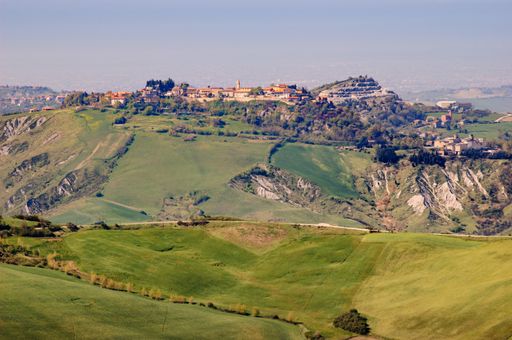 View of the Montegrimano village on a hill in the Italian Marche, in the Province of Pesaro and Urbino, at 90 km from Ancona, Italy