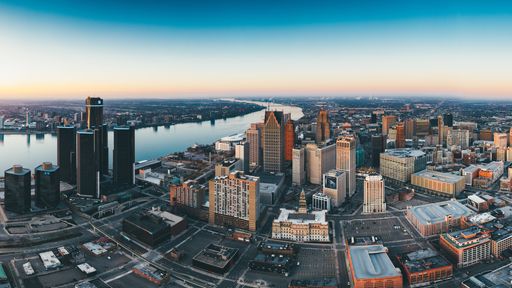 November sunrise panorama of Detroit, MI with Windsor Canada in the background.
