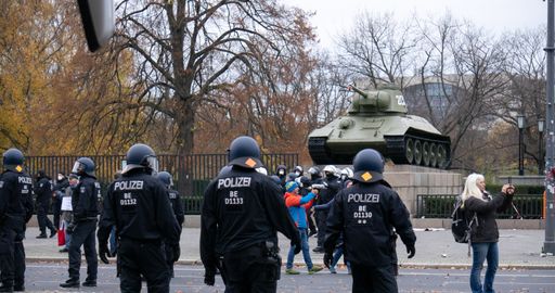 Demo in Berlin with the police at the Victory Column against the Corona Covid-19 regulations and for human rights.