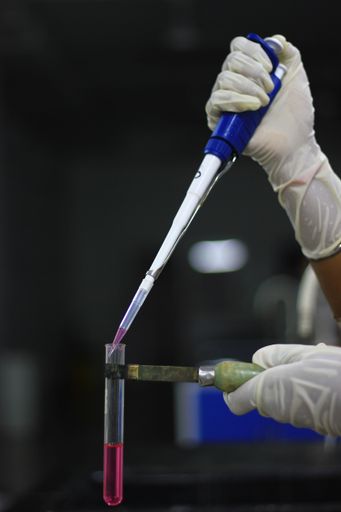 A vertical selective focus shot of a scientist micro pipetting a red liquid