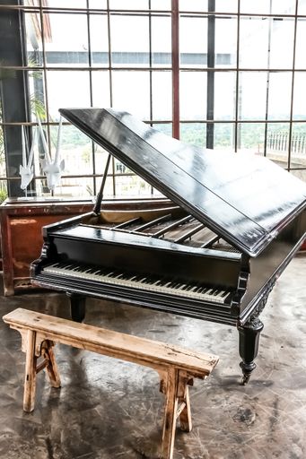 A vertical shot of an opened grand piano inside a vintage interior