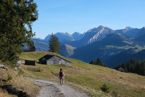 An adventurous female hiking down the hill in Central Switzerland
