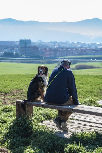 A vertical shot of an elderly man and his dog resting on the outskirts of Mollet, Barcelona