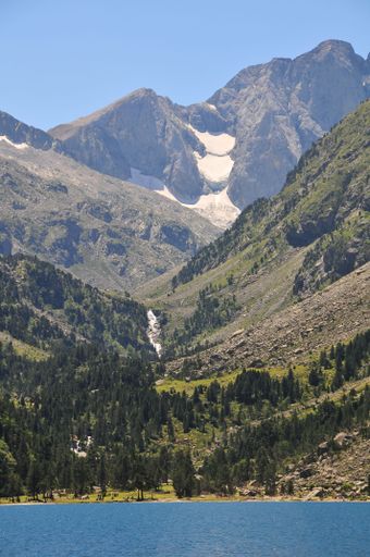 A vertical shot of a lake surrounded by green mountains on a sunny day