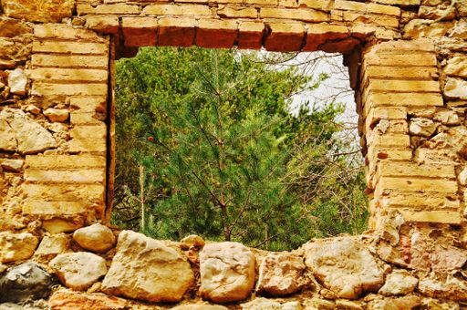 A closeup of an empty window of an old brick wall against green trees