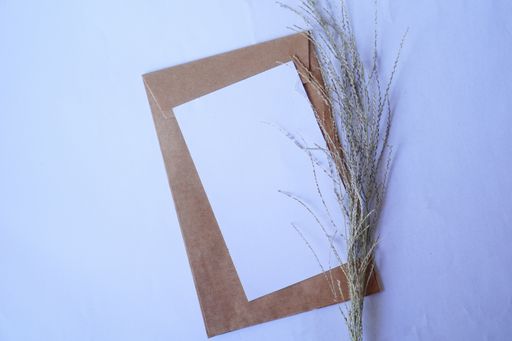 A brown envelope and white letter with dried grass isolated on a blue surface