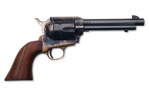 A close-up of a Colt .45 handgun on a white background
