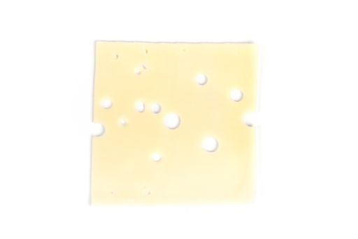 A top view of a Swiss cheese slice isolated on a white background