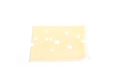 A high angle shot of a Swiss cheese slice isolated on a white background