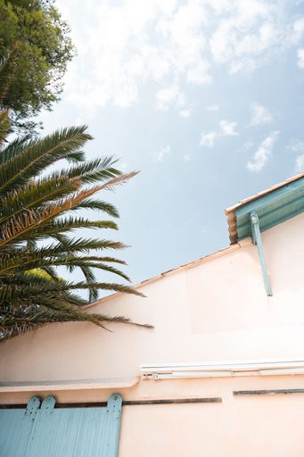 Part of a small, colorful building in front of a beautiful blue sky and palm trees.