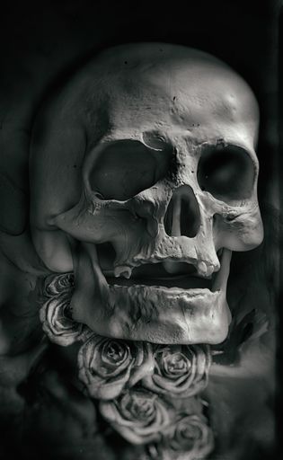 A vertical illustration of a human skull on a black background