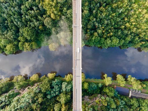 A drone shot of a bridge over a lake connecting two parts of a lush forest