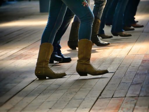 Traditional western folk music dancer's legs in cowboy boots dancing on a wooden old floor