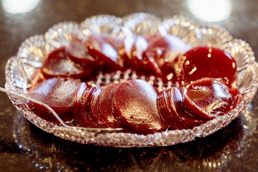 A closeup of Canned Cranberry sauce in a plate on the table for Thanksgiving