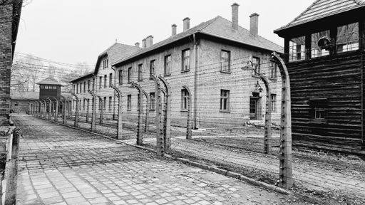A grayscale shot of the Auschwitz concentration camp during autumn
