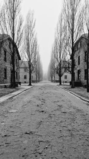 A grayscale shot of the empty road in Auschwitz concentration camp during autumn