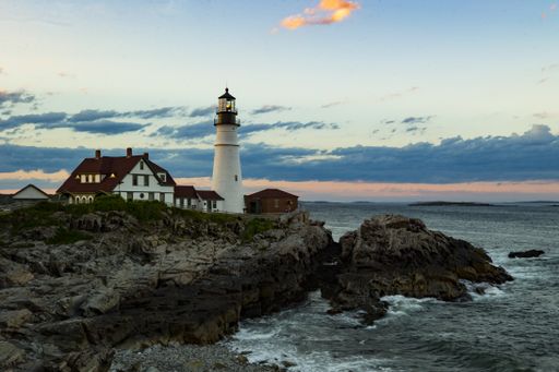 A Portland Lighthouse at sunrise in Cape Elizabeth, New England, Maine, USA