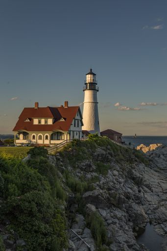A Portland Lighthouse at sunrise in Cape Elizabeth, New England, Maine, USA