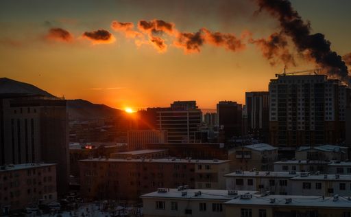 Unusual color and sunset at Ulaanbaatar, capital city of Mongolia 2020.
 It was a very strange moment of sunset, never seen like this before.