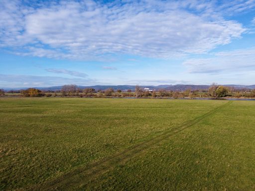 A view of a grassy field under a cloudy blue sky