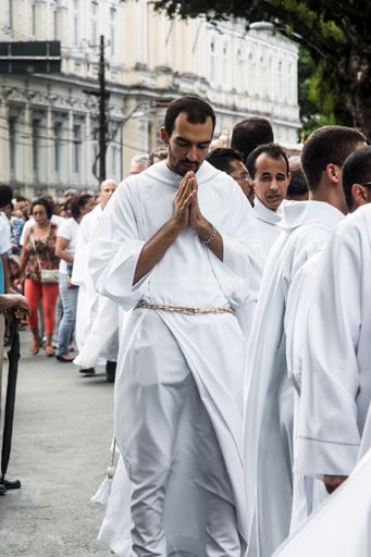 The Priests are seen walking in procession during the celebration of Corpus Christ in the city of Salvador, Bahia