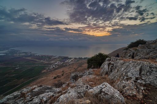 The beautiful sunrise over the Sea of Galilee and Golan Heights