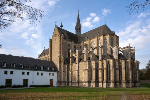 ODENTHAL, GERMANY - NOVEMBER 8, 2020: Panoramic image of the Altenberg cathedral in autumnal light on November 8, 2020 in Germany