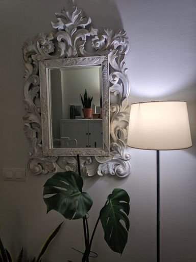 A vertical shot of an interior with a lamp and a mirror reflecting flower pots on the shelf